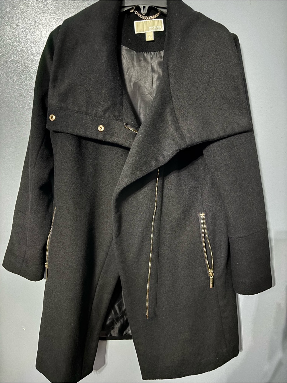 Michael Kors Black Wool-Blend Asymmetrical Trench Coat with Gold Hardware